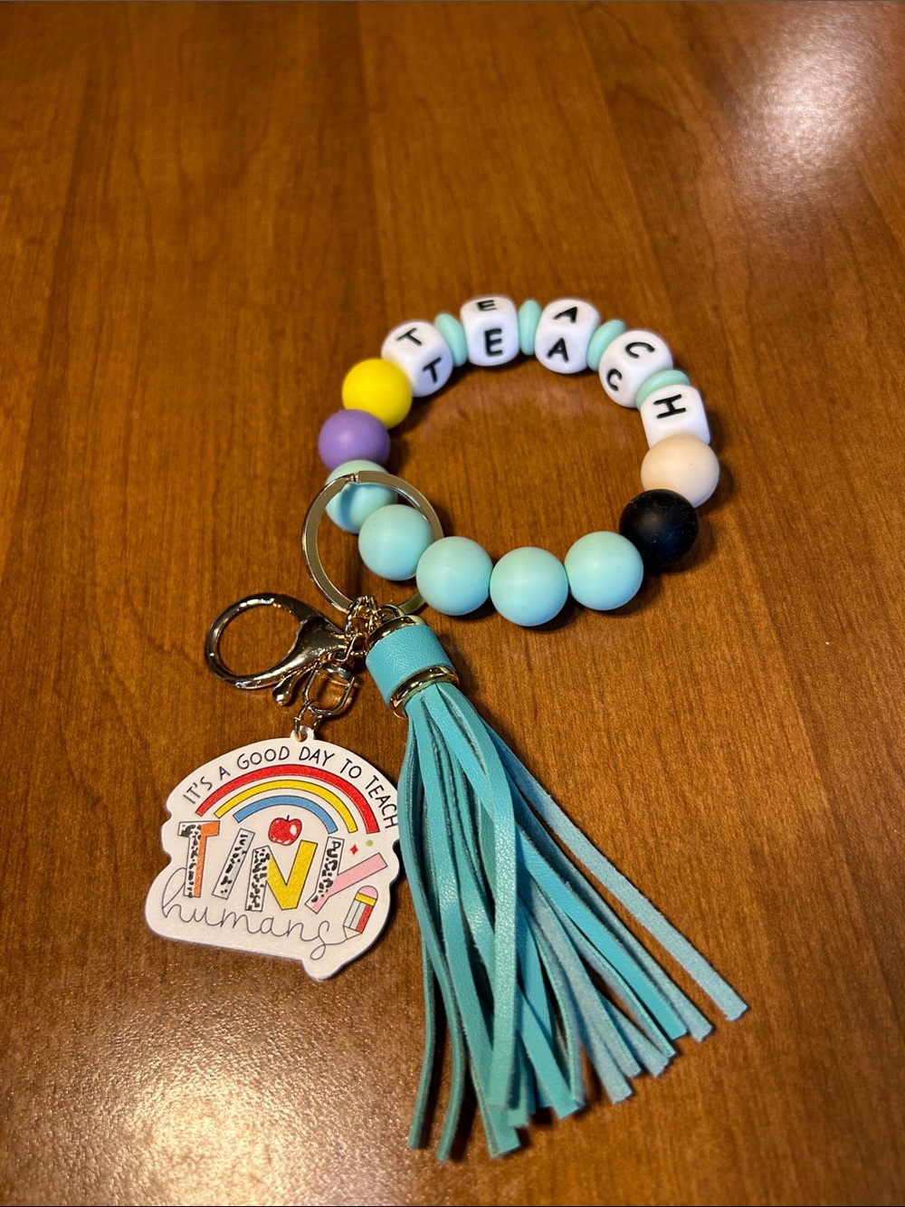 Teacher Beaded Keychain Wristlet with Turquoise Tassel